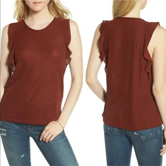 Madewell Large Rust Copper Metallic Ruffle Sleeveless Tank Top Shimmer Boho - Picture 1 of 13